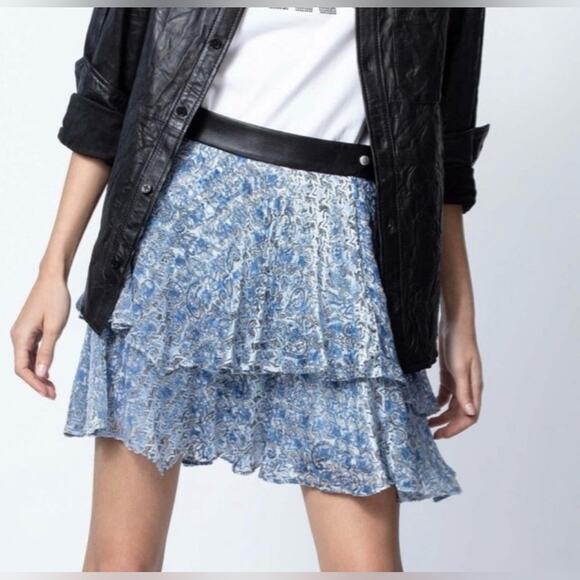 Zadig Voltaire Skirt Blue Jim Velours Burnout Tiered Size Small GUC Mini - Picture 1 of 9